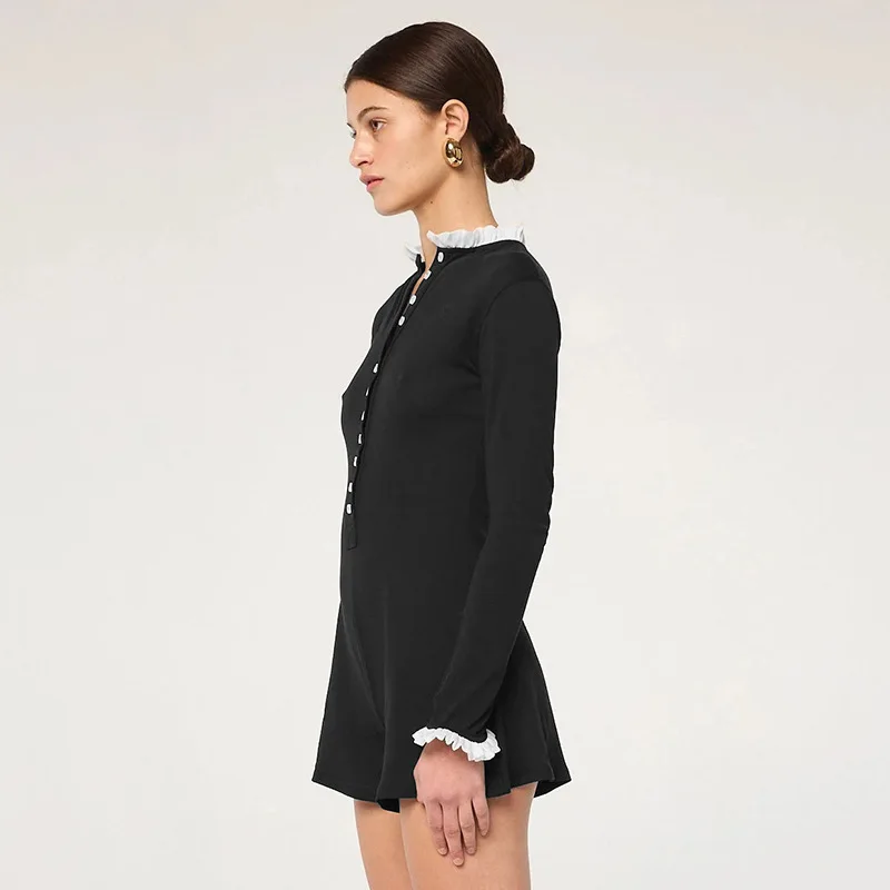 ชุดจั๊มสูทแขนยาวสไตล์เซ็กซี่สำหรับผู้หญิง แฟชั่นคอระบาย กระดุมแถวเดียว ทรงเข้ารูปสำหรับฤดูใบไม้ร่วง