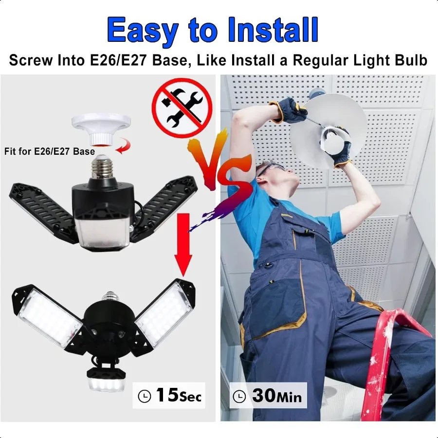 LED Garage Light 80W 8000 Lumen Ceiling Lights with 3 Adjustable Panels 6500K Daylight Light Bulb Fixture LED Lights for Garage