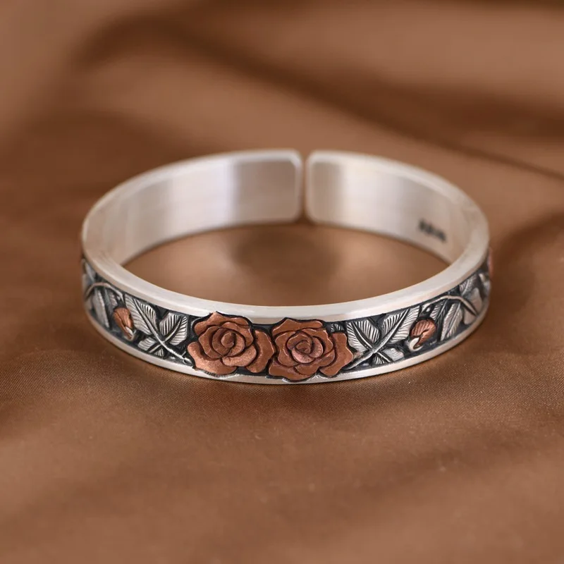 

Rose Gold Plated 999 Silver Rose Bangles for Women Thai Silver Leaf Vines Peony Bangle Ethnic Jewelry Floral Bracelets Vintage