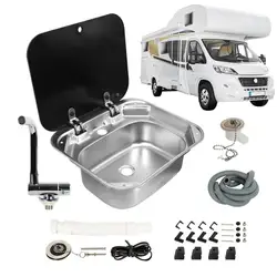 RV Stainless Steel Wash Basin Sink with Cold Hot Folded Faucet Tempered Glass Lid for Campers Accessories Caravan Boat Motorhome