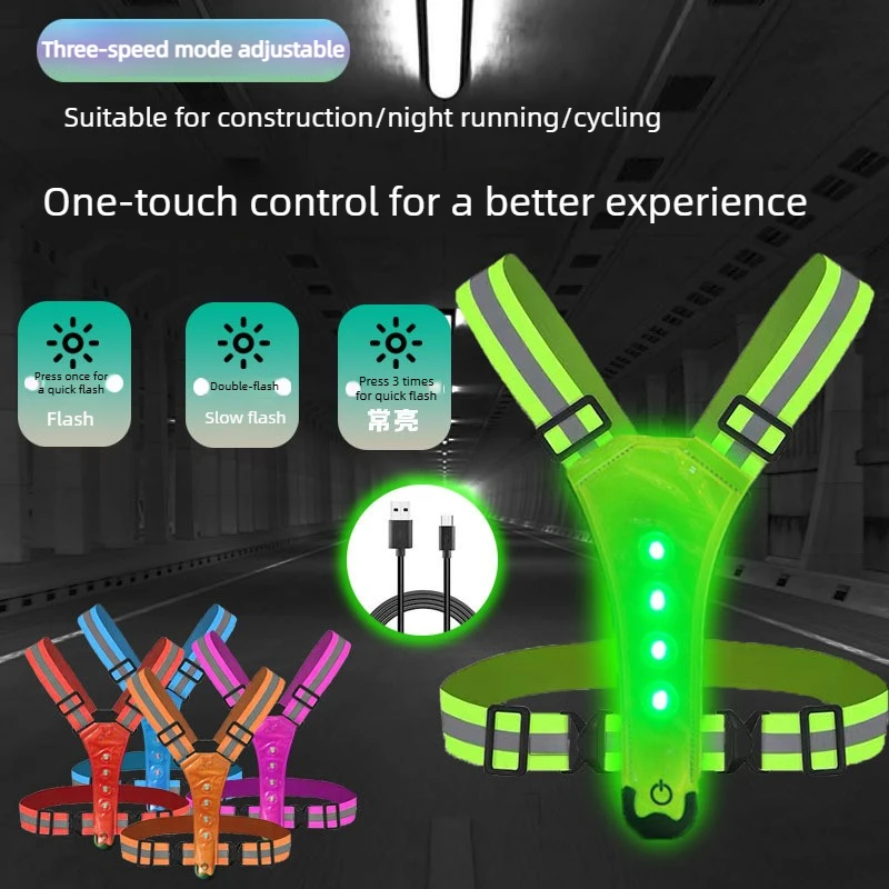 Double sided luminous light strip with waterproof USB charging safety luminous vest for camping, cycling, and night running