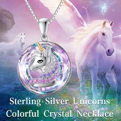 Exquisite Ladies Fashion Income Unicorn Pendant Necklace Colorful Round Animal Crystal Jewelry Anniversary Bride Wedding Gift