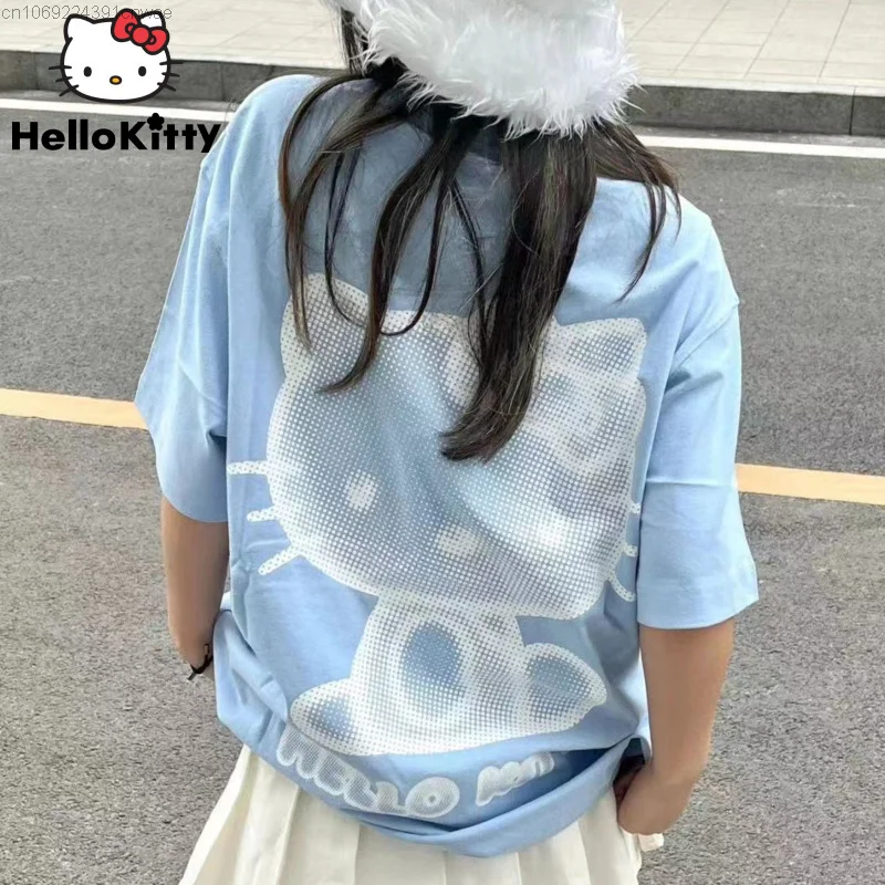 Sanrio Cotton Streetwear Hello Kitty Kawaii T-shirt Female Y 2k Cute Blue Short Sleeve Top Ins Style Harajuku Japanese Tees 90s