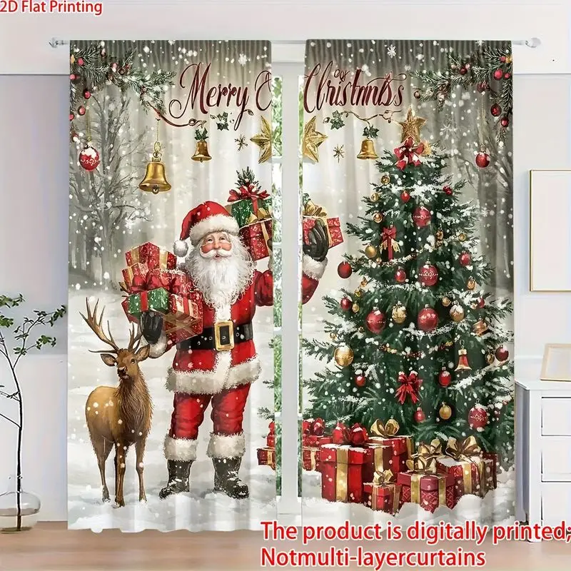 VIKAMA Merry Christmas Window Curtain, Santa Reindeer & Sleigh Bell Print Long Curtain for Snowy Forest Holiday Decor