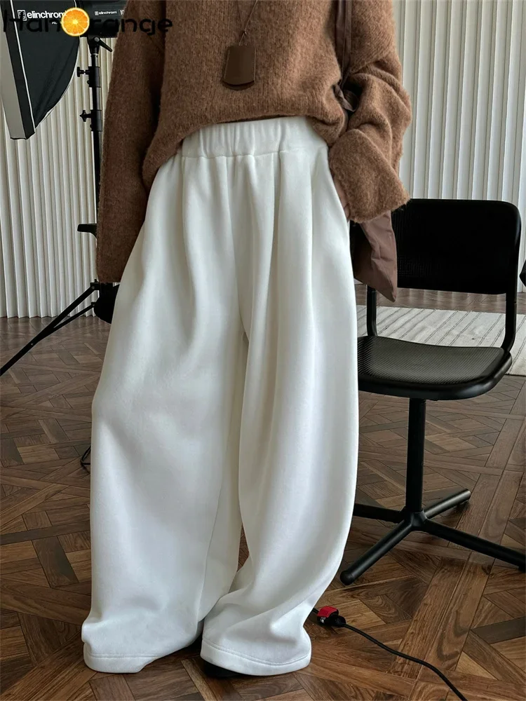 HanOrange 2024 Autumn Winter Added Velvet Thickened Wide Leg Pants Loose Crisp Warm Trousers Off White/Dark Gray