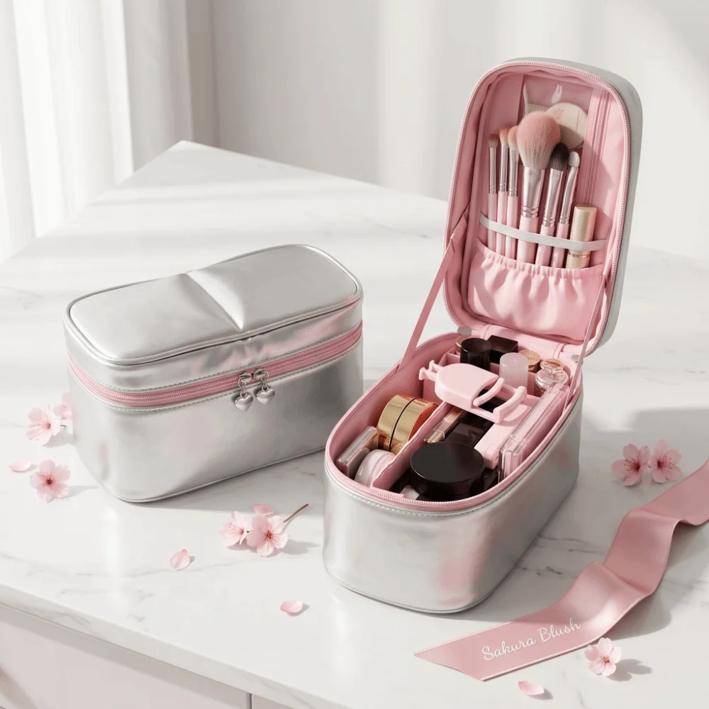 

PU Leather Silver Makeup Bag Large Capacity Detachable Vertical Toiletry Handbag Waterproof Multi-functional