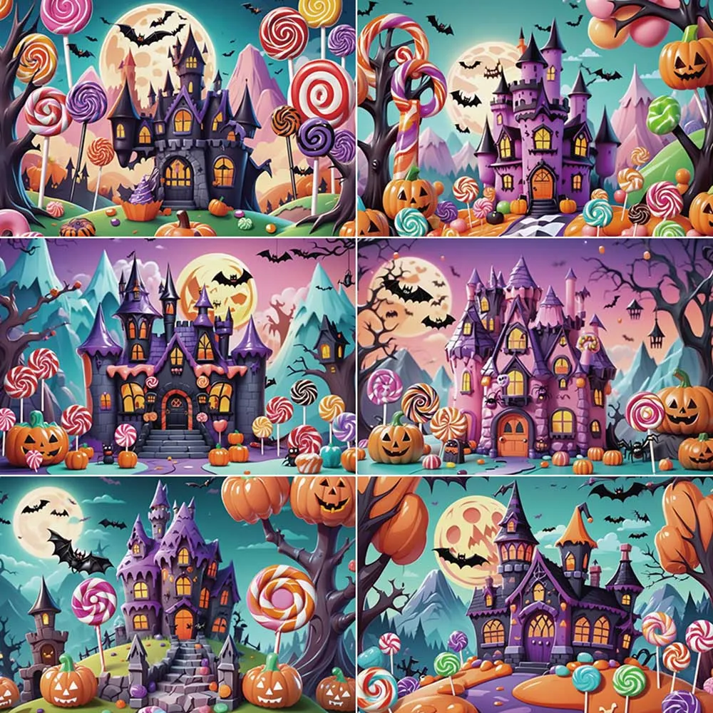 

MOON.QG Candy Halloween Backdrop for Photography Castle Bat Lollipop Photo Studio Background Children Party Back Drop Supplies