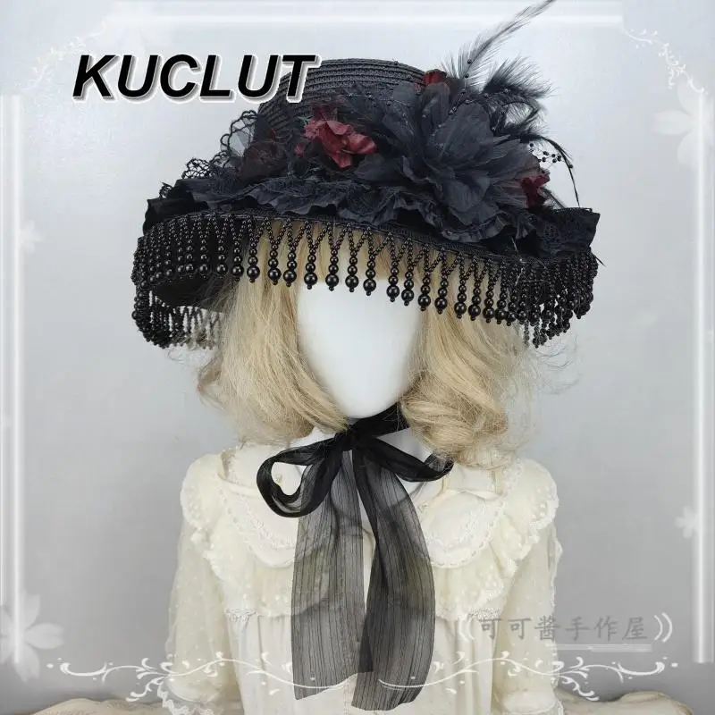 

Original Lolita Style Design Sweet and Cute Ladies Hat Black Vintage Halloween Cosplay Feather Hats Women's Accessories