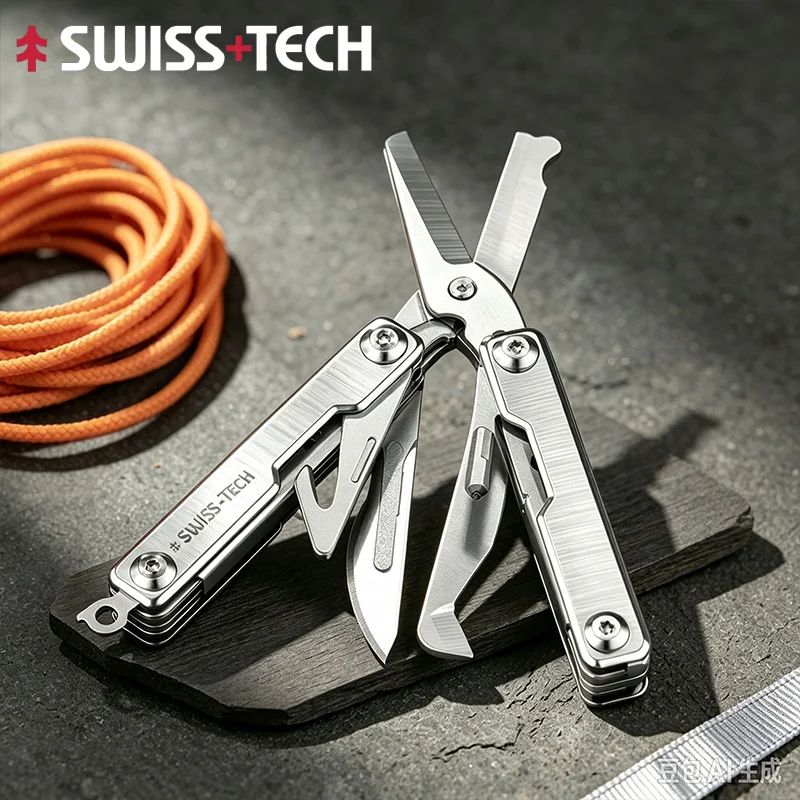 SWISS TECH Rescue Survival Multitool Scissors 9 In 1 Outdoor EDC Mini Keychain Multi Tools Window Breaker Seat Belt Cutter