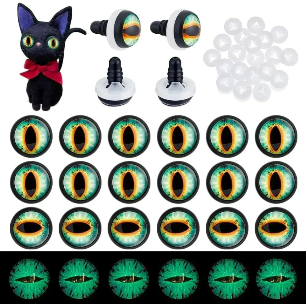 

20pcs 12mm Dragon Eye Cabochons Craft Safety Eyes Glow in The Dark Green Luminous Craft Crochet Eye with 20pcs Washers