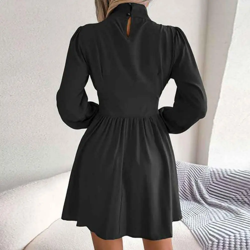 

Solid Color Dress Elegant High Collar Long Sleeve A-line Mini Dress for Women Solid Color Tight High Waist Party Dress