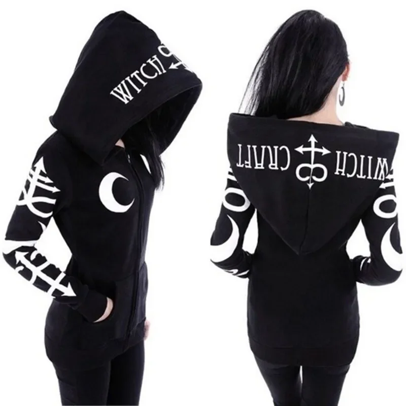 

Women Hoodies Gothic Punk Moon Letter Print Sweatshirts 2022 Autumn Winter Long Sleeve Black Jacket Zipper Coat Casual Hoody 5XL