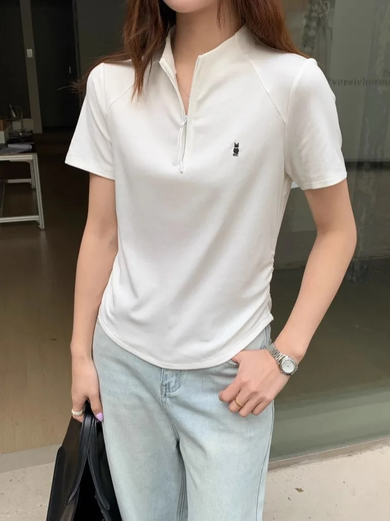 

Elely Embroidered ort Sve T-irt Women's Casual Versatile Slim Fit Top f Zipper Design Cotton Blend Comfortable