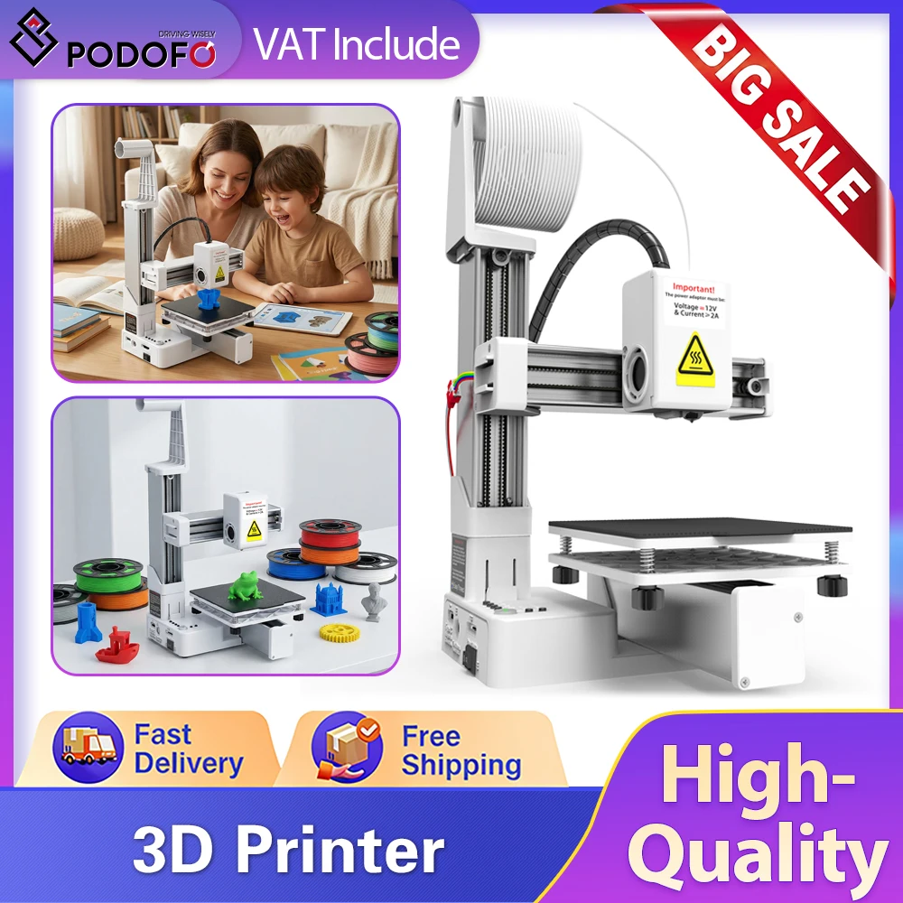 Imprimante 3D Podofo K10, imprimante de bureau d'entrée de gamme, volume d'impression 100x100x100mm, compatible avec filament PLA TPU 1.75mm, pour la maison, les loisirs créatifs et l'éducation
