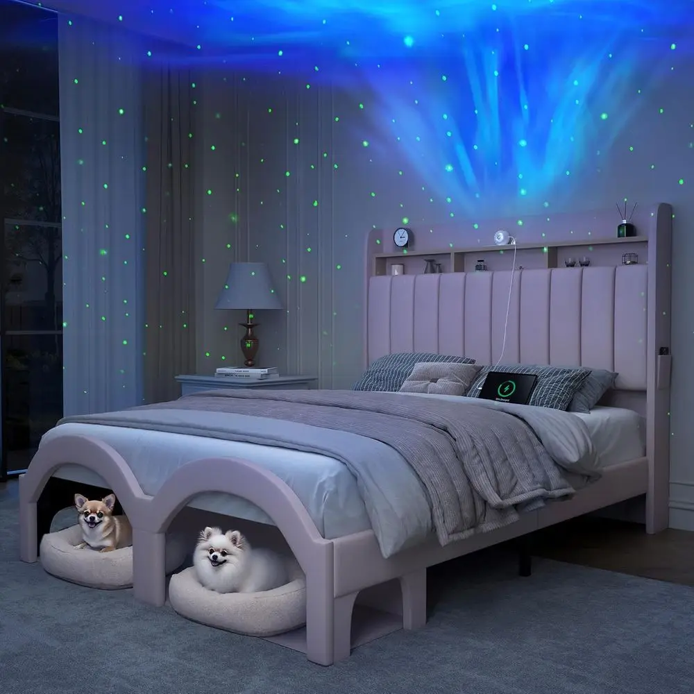 Pink Aurora Platform Bed with Faux Leather, 2-Tier Headboard Storage and Star Projector Customized