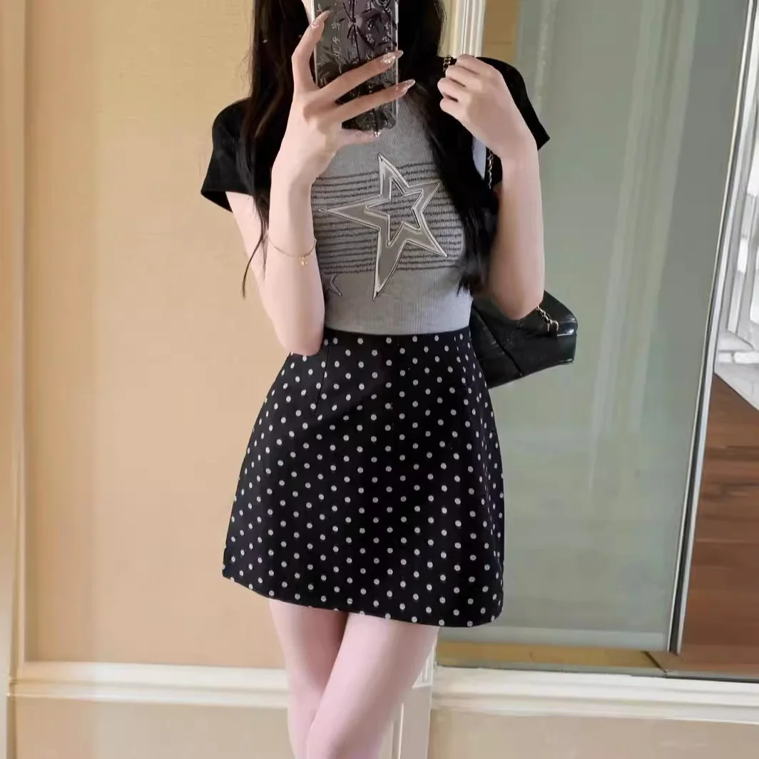 2025 Summer New High end Design Small Wave Dot Half Skirt High Waist slimming A-line Short Skirt Korean Fashion