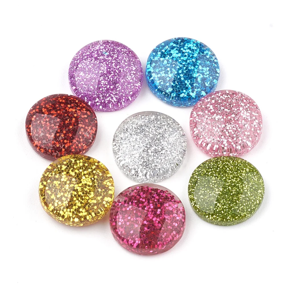 200pcs Flat Round Resin Cabochons  with Glitter Powder Cabochons Mix Color for jewelry making DIY Crafts Decor,13.5~14mm