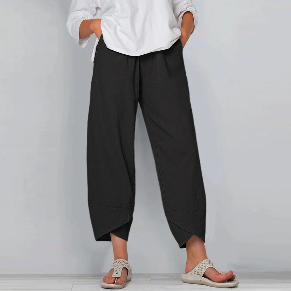

Simple Solid Women’s Pants Loose High Waist Wide Leg 3/4 Length Female Trousers Casual Cropped Straight Elasticated Summer Pants