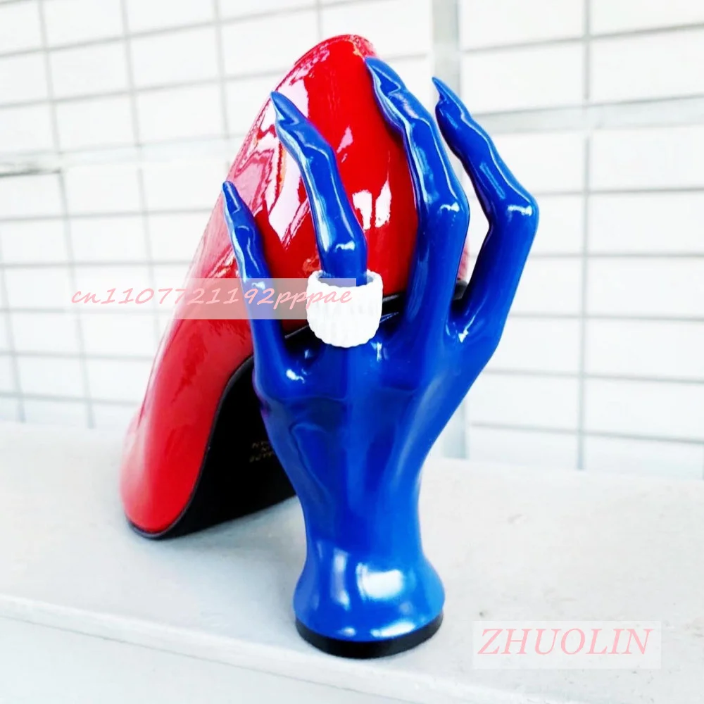 Women Red Patent Leather Unique Hand Shaped Heel Pumps Pointed Toe Slip On Novelty High Heels Evening Fashion Stiletto Shoes