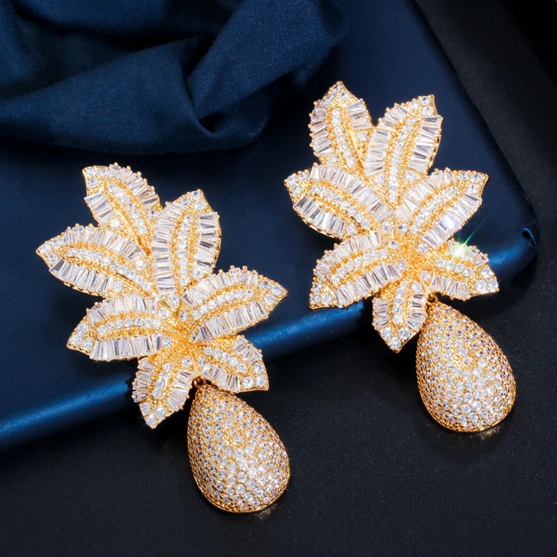 ThreeGraces Luxury Cubic Zirconia 3 Tone Gold Color Large Long Leaf Drop Earrings for Women Bridal Wedding Party Jewelry E1215