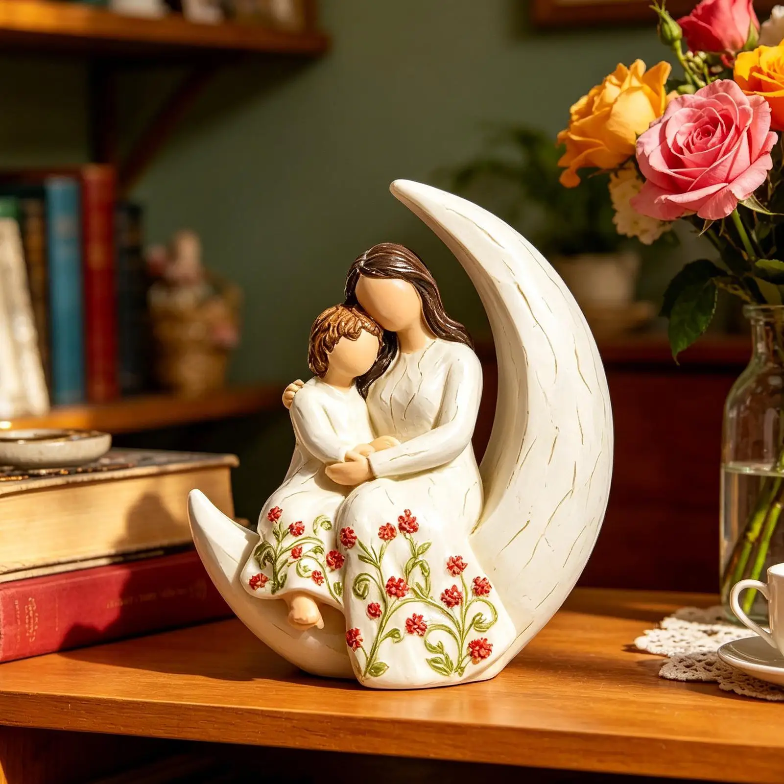 Faceless Design Hugging Sculpture Mothers Day Figurine Mother Daughter Figurine For Lady Grandma Female Bookshelf Cabinet Home