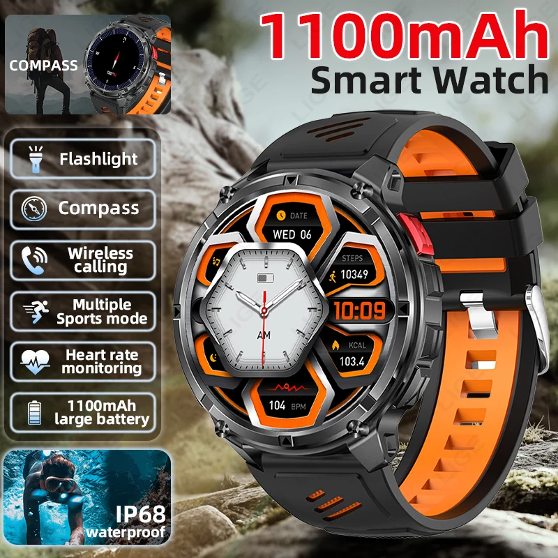2026 Military 1100mAh Large Battery Smart Watch Sport Tracker IP68 Waterproof Bluetooth Call Outdoor Smartwatch Compass Men