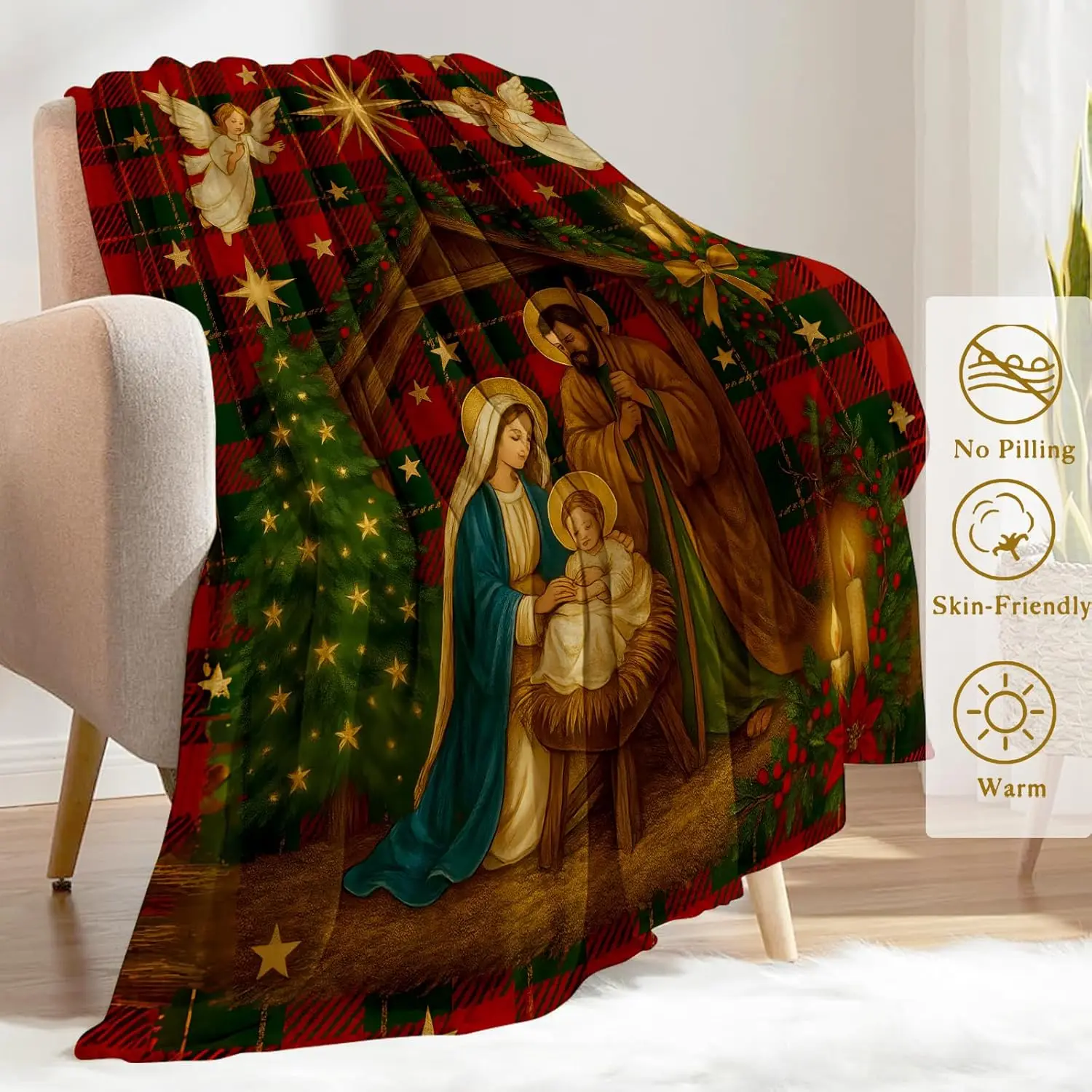 Christmas Jesus Decorative Blanket, Holy Night Angel Red Plaid Print Religious Throw Decoration, Soft Flannel Winter Blankets