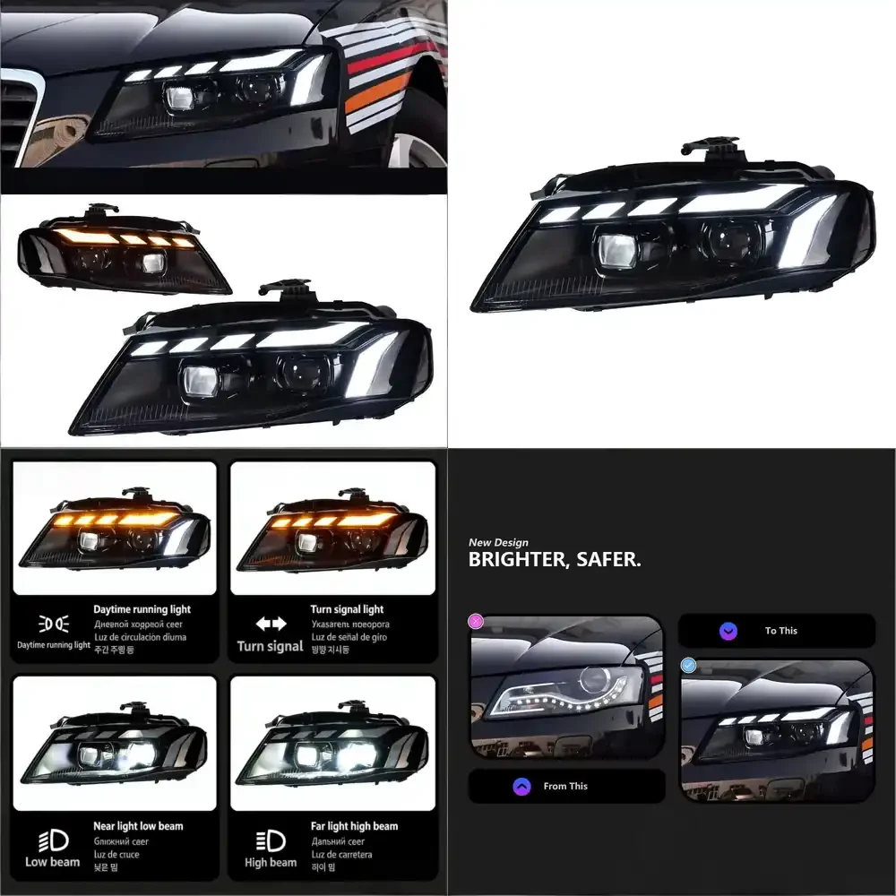 For 2008-2012 A4 B8 Headlight Assembly with One-Streak Blue Daytime Running Lights RS Style Lens LED 12V
