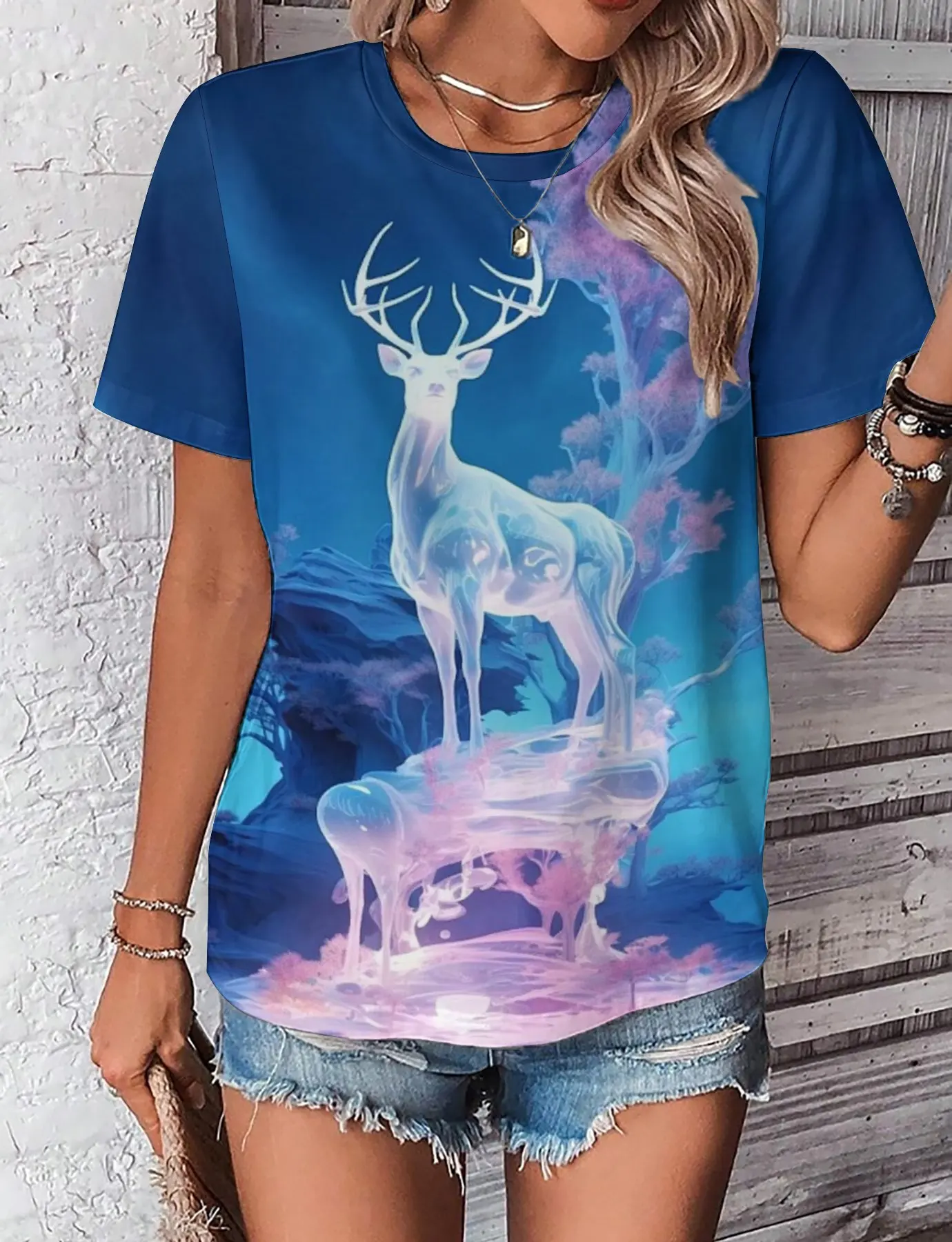 Women's T-shirt 3d Printed Round Neck Short Sleeve Shirt Large Camouflage Shirt Short Sleeve Moose 2025 New Summer