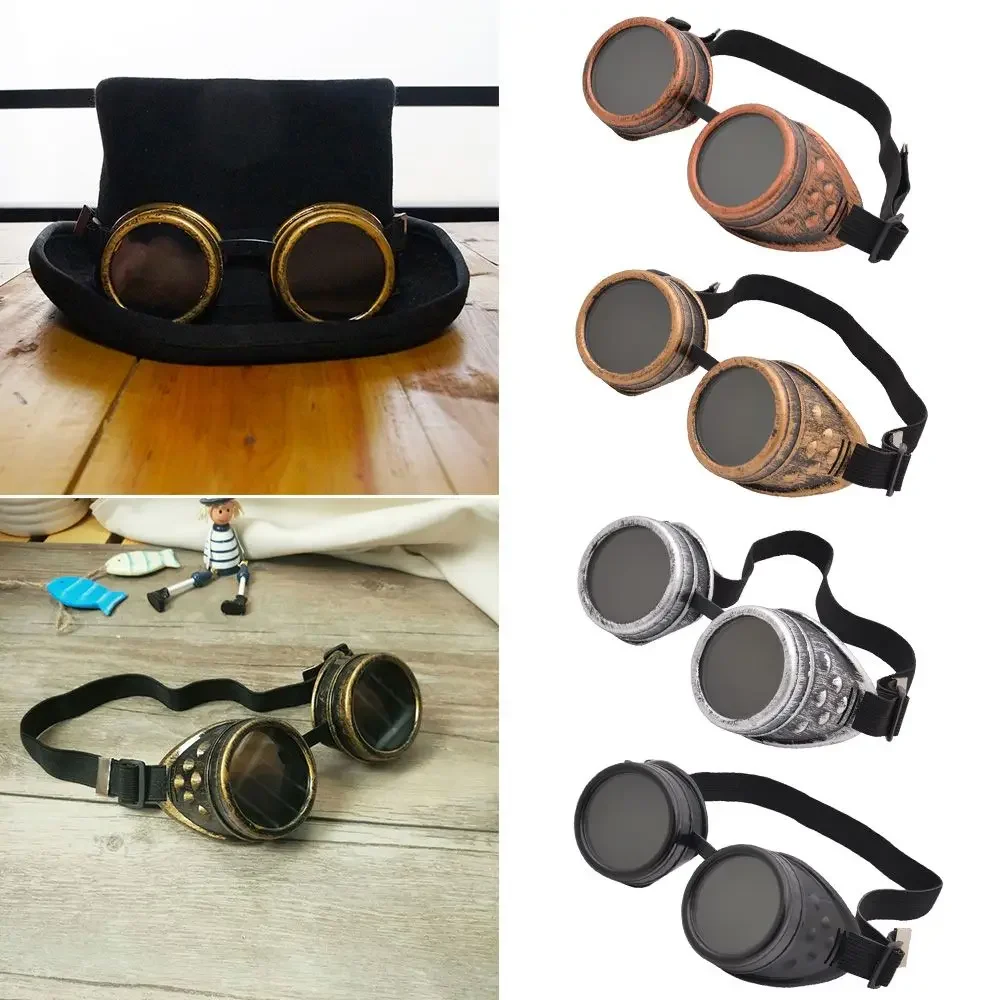 Rivet-Spiked Round Motorcycle Goggles, Steampunk Sunglasses for Welding and Cyber Gothic Costume