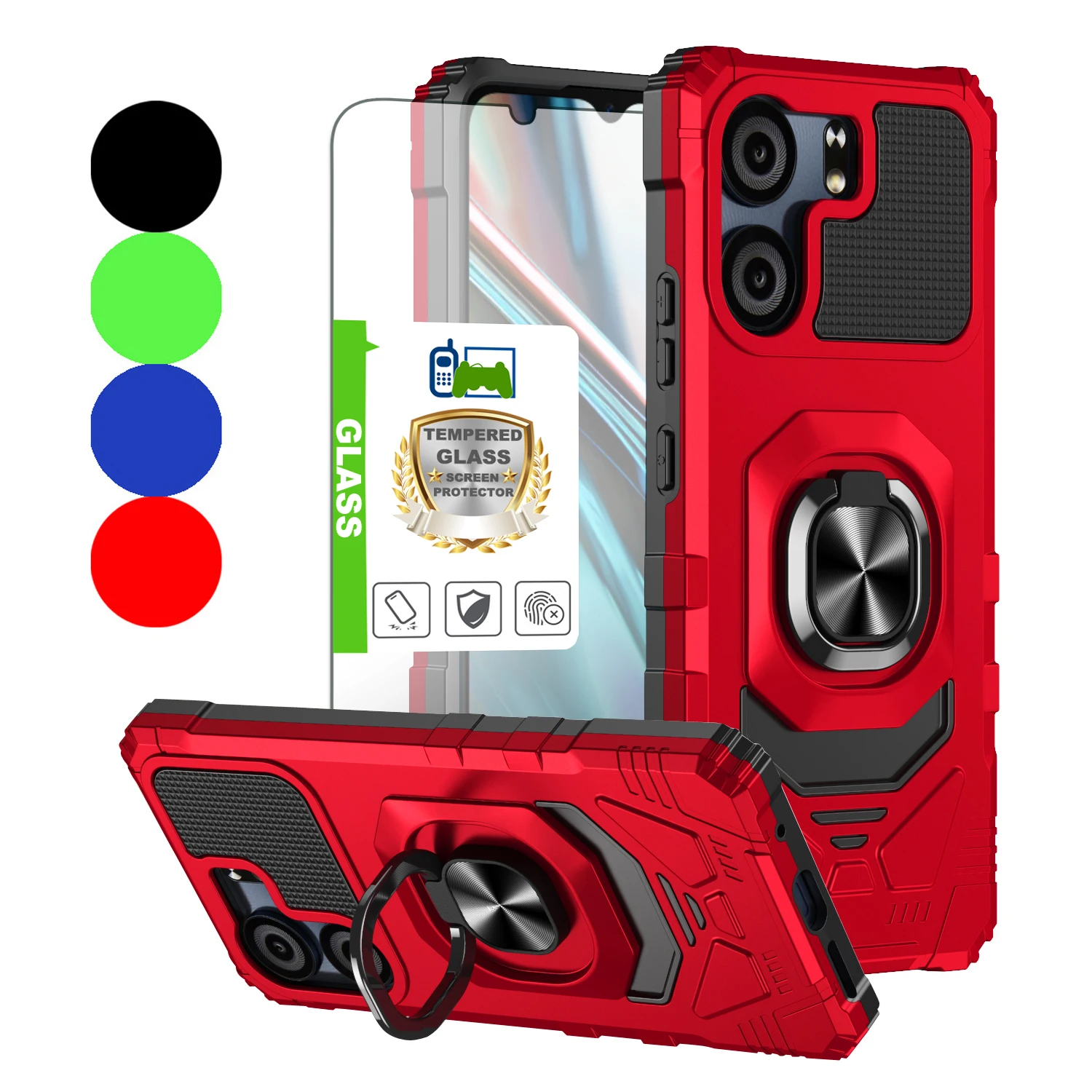 For BLU View 5 Magnetic Ring Holder Stand Shockproof Armor Case KickStand Phone Cover+Tempered Glass Screen Protector