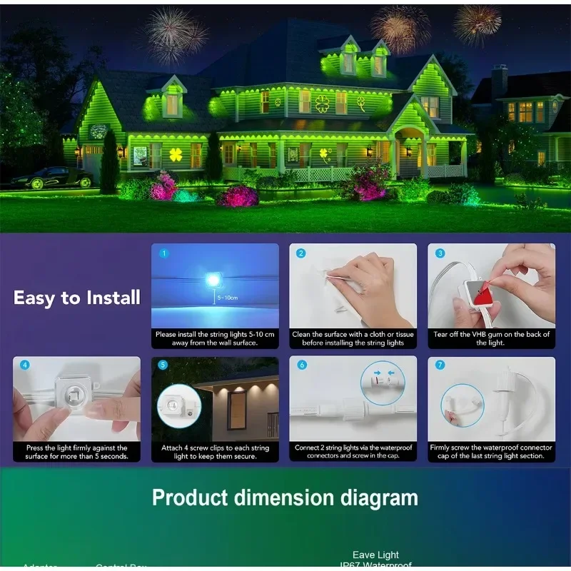 LED Lights 45M RGB Eaves Permanent Outdoor Lights String APP Bluetooth Light Strip Scene Modes Full House Party Wedding Light