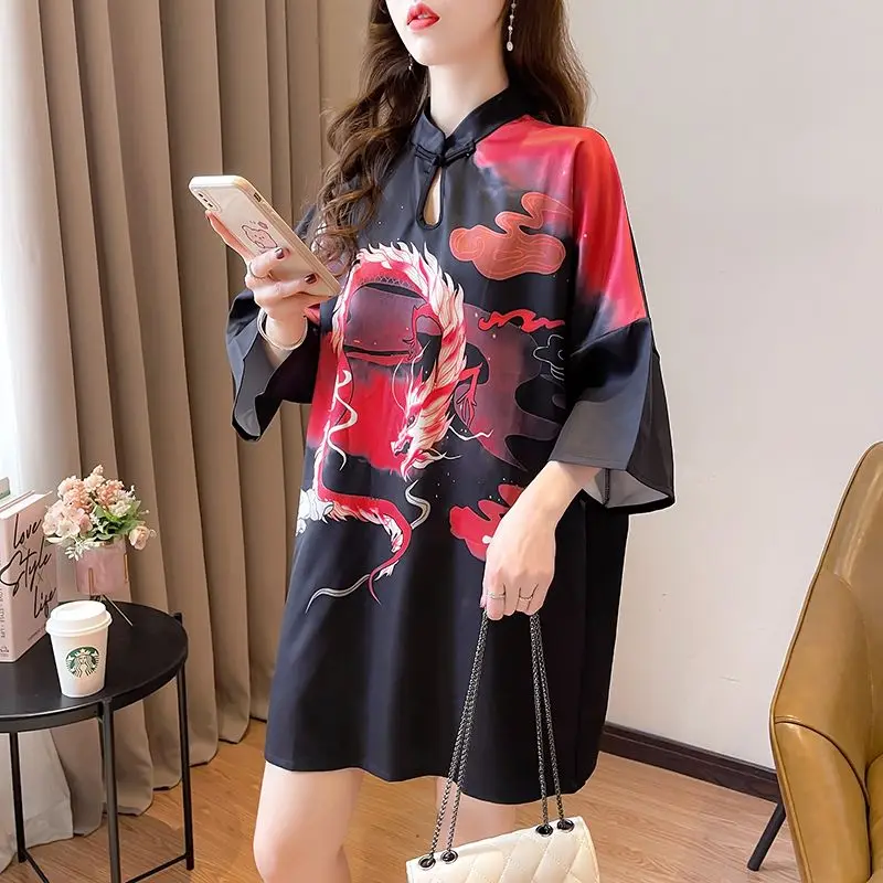 Fashion Chinese Style Pullovers Short Sleeve Vintage Women\'s Clothing Summer Loose Buttons Tops Ladies Straight Black T-Shirts