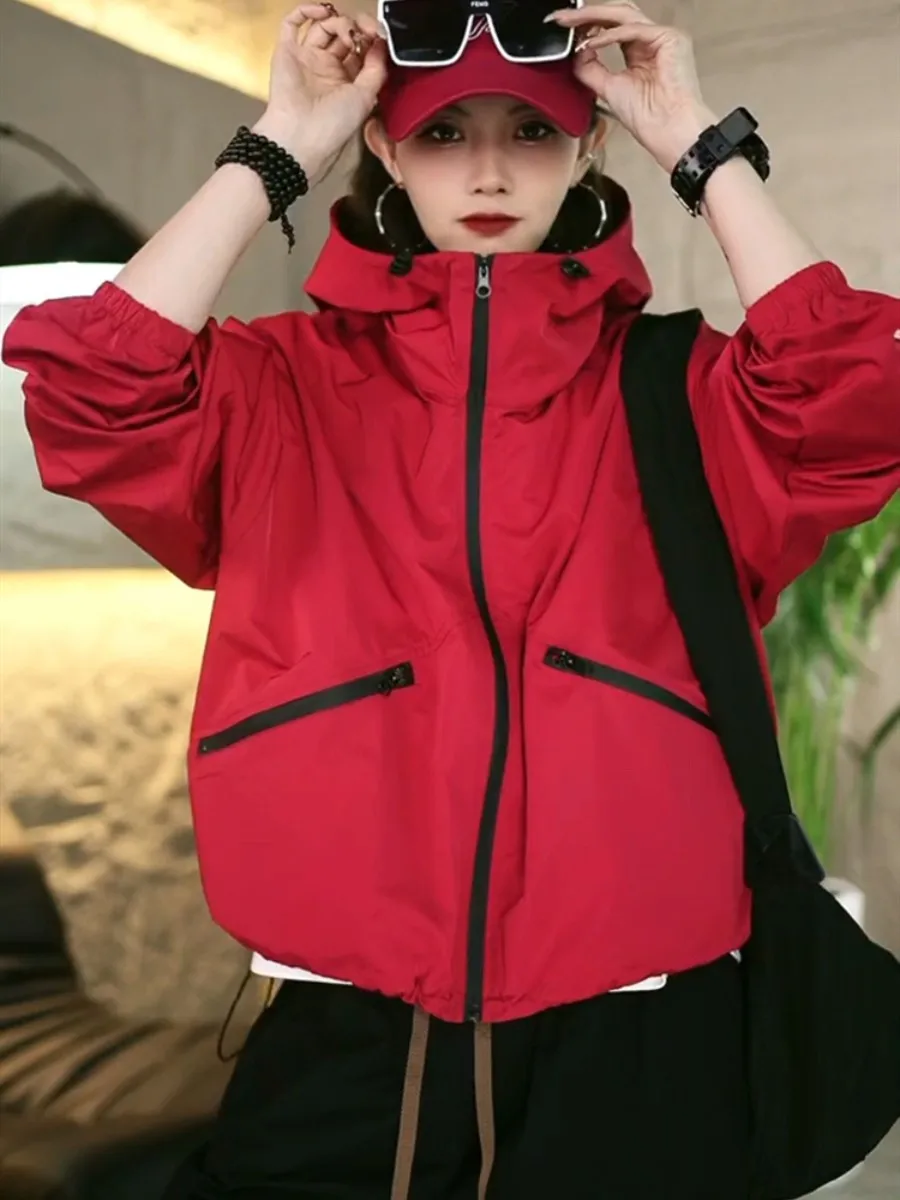 Casual Loose Women's Spring Autumn Jacket Hooded Windbreaker Fashionable Sporty Top Zipper Closure Regular Length Outerwear