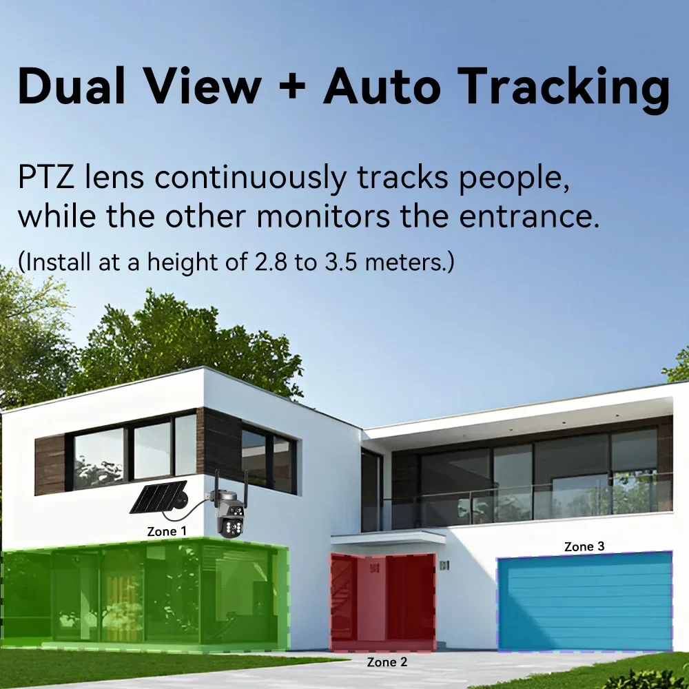 4G LTE Solar PTZ Camera, 100% Wireless WiFi Outdoor, 8MP Dual-Lens with Auto-Tracking, 2K Color Night Vision, IP66 Weatherproof