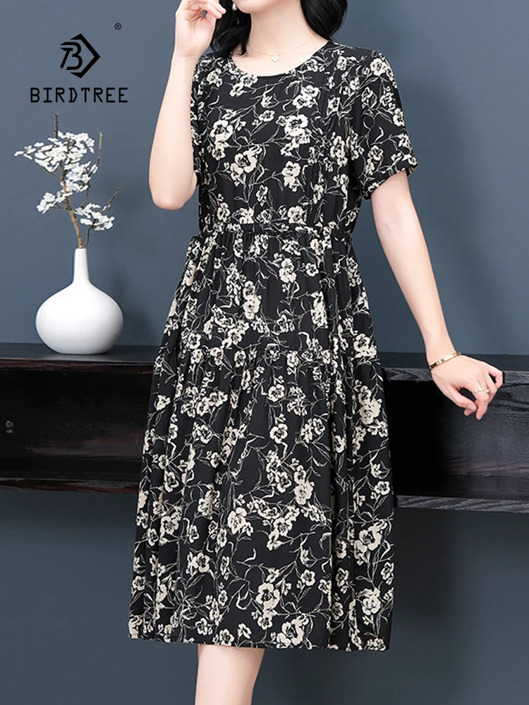 

BirdTree, 100%Real Silk Retro Dresses, Women Short Sleeve Printed, Eleagnt Commute Oversize Mom Dress, 2024 Summer New D44818QC