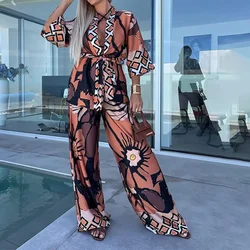 Fashion Casual Bohemia Print Loose Beach Set Spring Wide Leg Long Pants Suits Autumn Women Quarter-Sleeved Cardigan Shirt Outfit