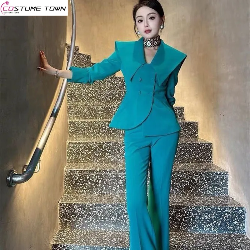 

European style socialite temperament fashionable spring and autumn retro elegant lapel suit+flared pants two-piece set