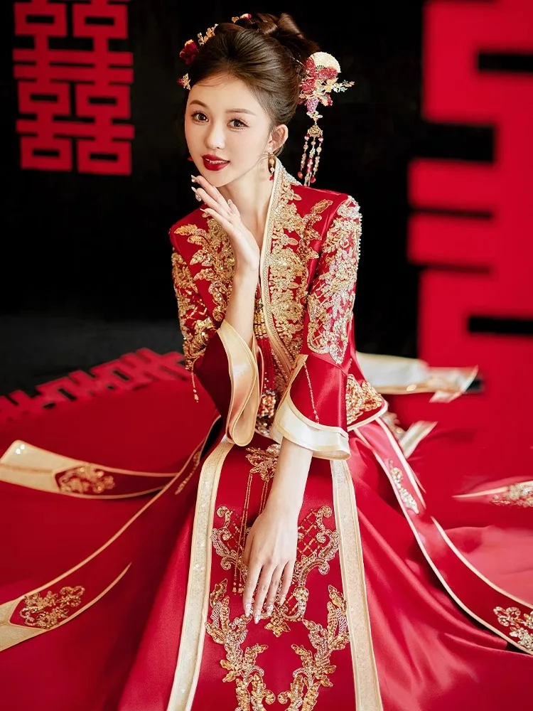 

Свадебное платье с V-образным вырезом в китайском стиле, с тяжелой вышивкой, летнее, новинка, большие размеры, с круглыми рукавами, из полиэстера