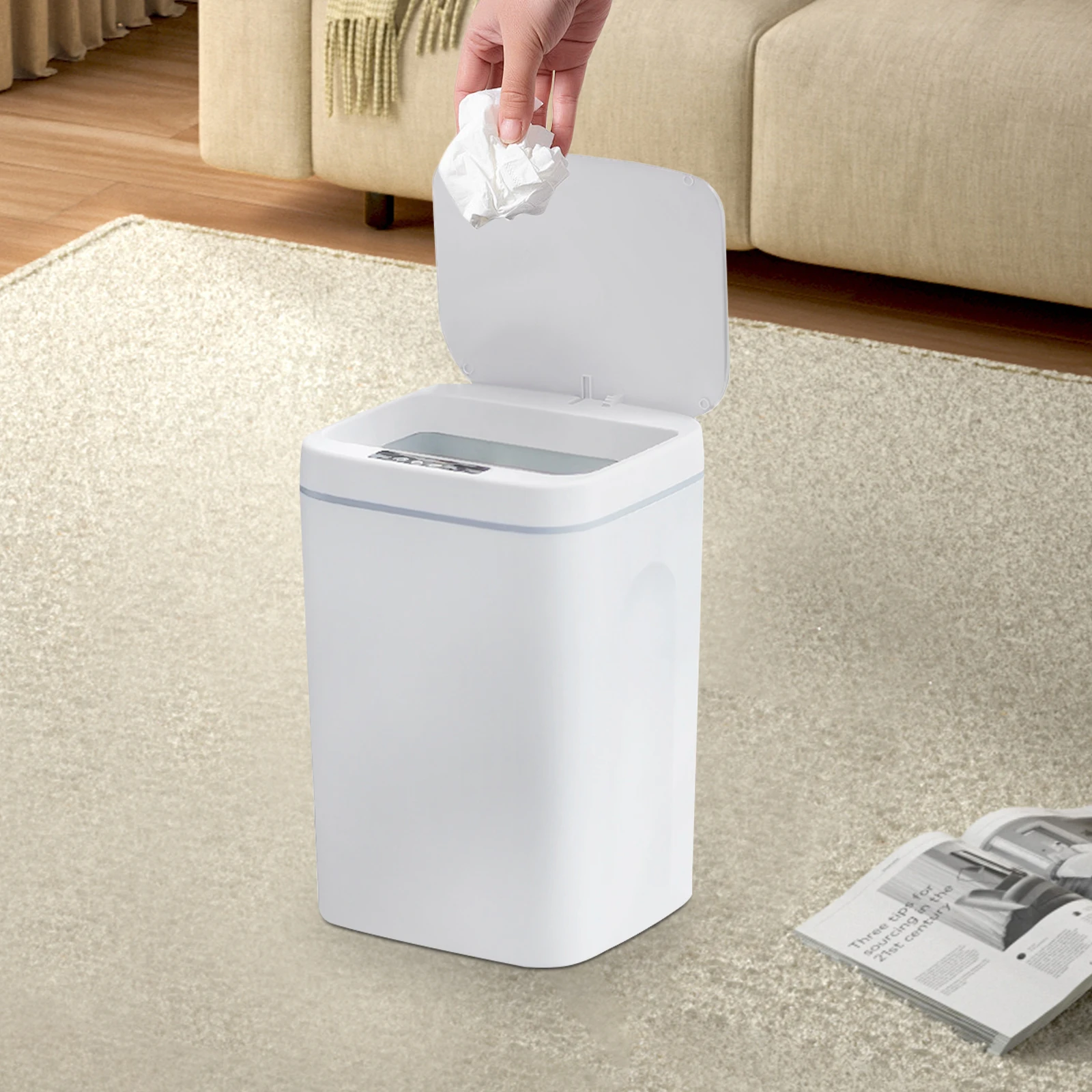 

Белый мусорный бак с интеллектуальным датчиком, 16 л, бесконтактный мусорный бак на батарейках, идеально подходит для домашнего и офисного использования с автоматической крышкой