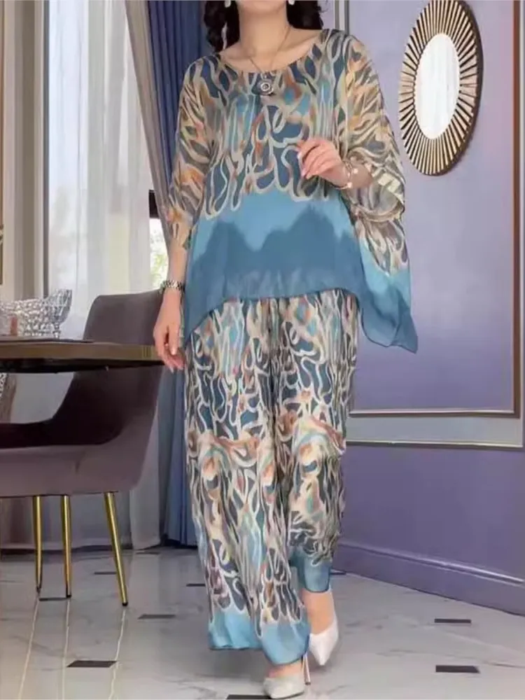 

Women Pants Set Round Neck Loose Vintage Printed Top High Waist Wide Leg Long Pantalones Casual Two Piece Sets Commuting Outfits