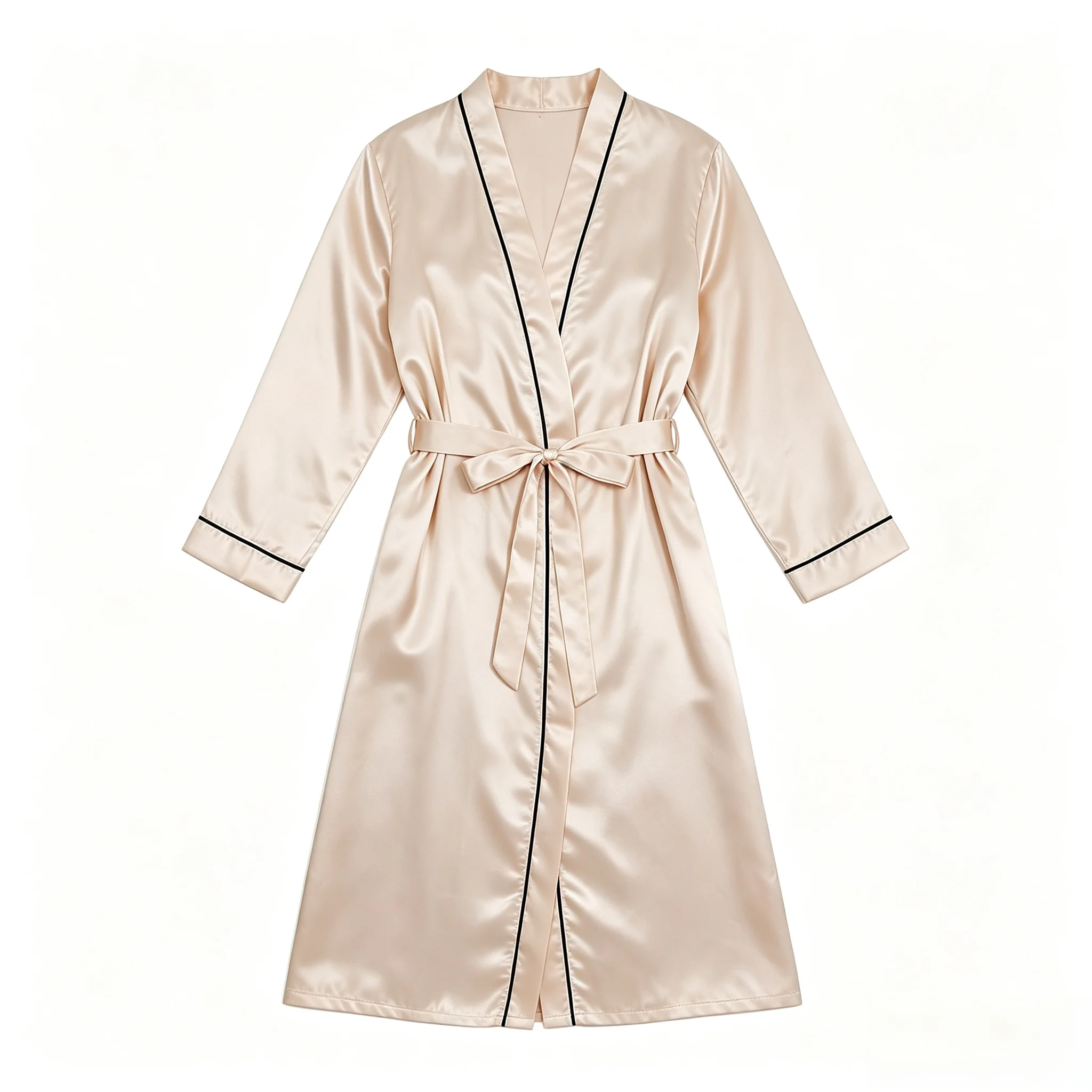 Women Luxury Black Satin Robe, V‑Neck Long Belted Sleep Robe, Elegant Noble Feel Breathable Loungewear, Versatile Home Robe for Wear In & Out