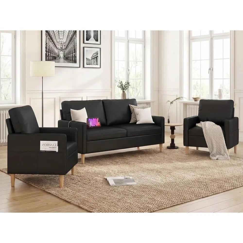 

Auxiliary Leather Sofa Couches with USB, 3-Piece Living Room Set, Modern Loveseat for Small Spaces, Bedroom, Apartment