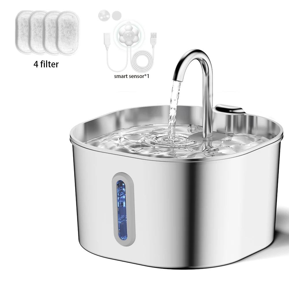 Roestvrijstalen kattenwaterfontein, 2,2 liter, waterdispenser voor huisdieren met filter, hondendrinkfontein voor katten, ultrastille waterpomp