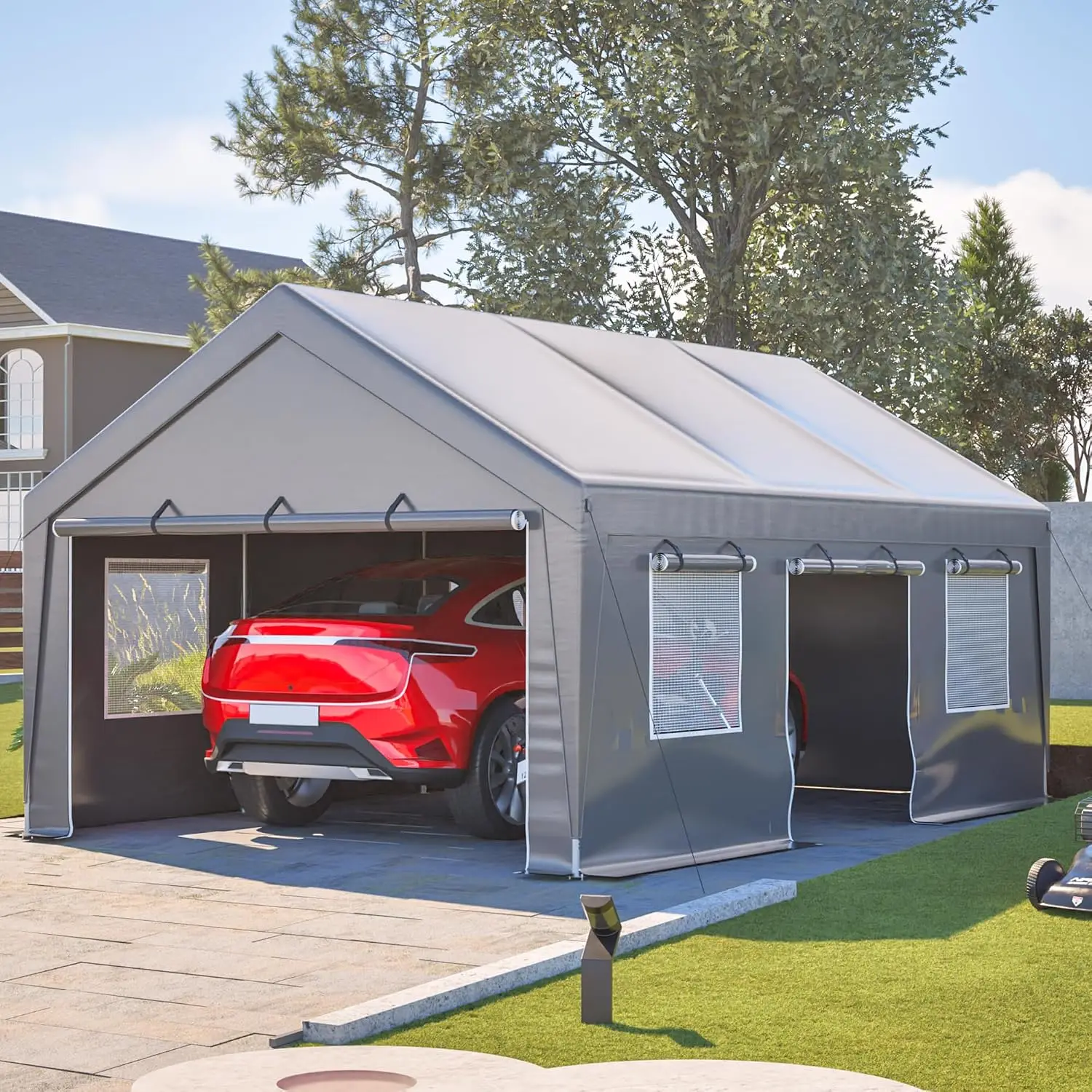 13'x20' Outdoor Shelter Carport Tent with Roll-Up Doors for Boat Storage & Party, Galvanized Frame & PE Cover, Customized