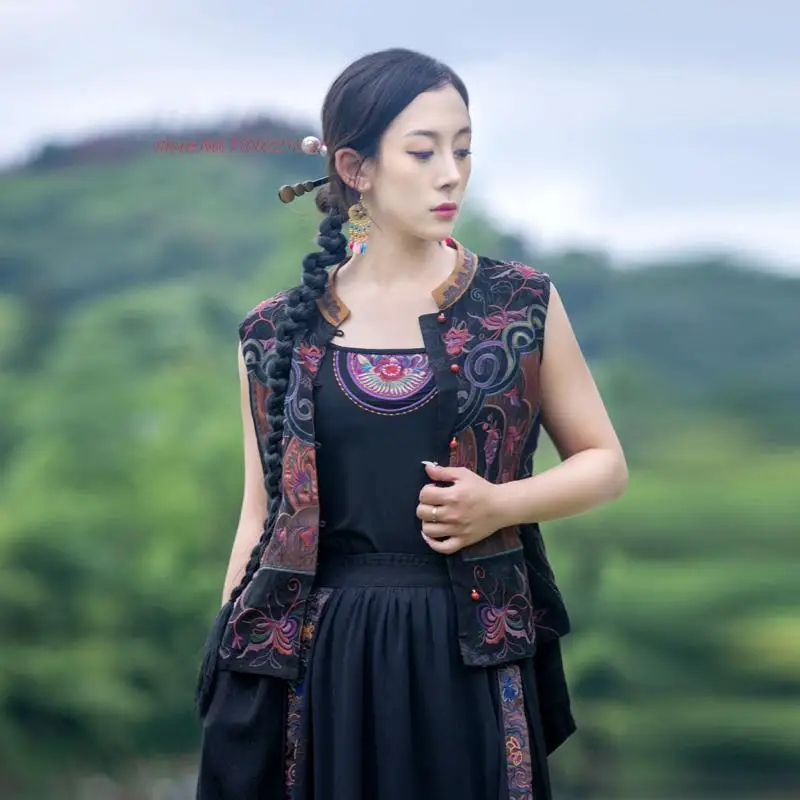 2024 national vintage gilet national flower embroidery vest chinese tang suit oriental ethnic sleeveless jacket waistcoat vest