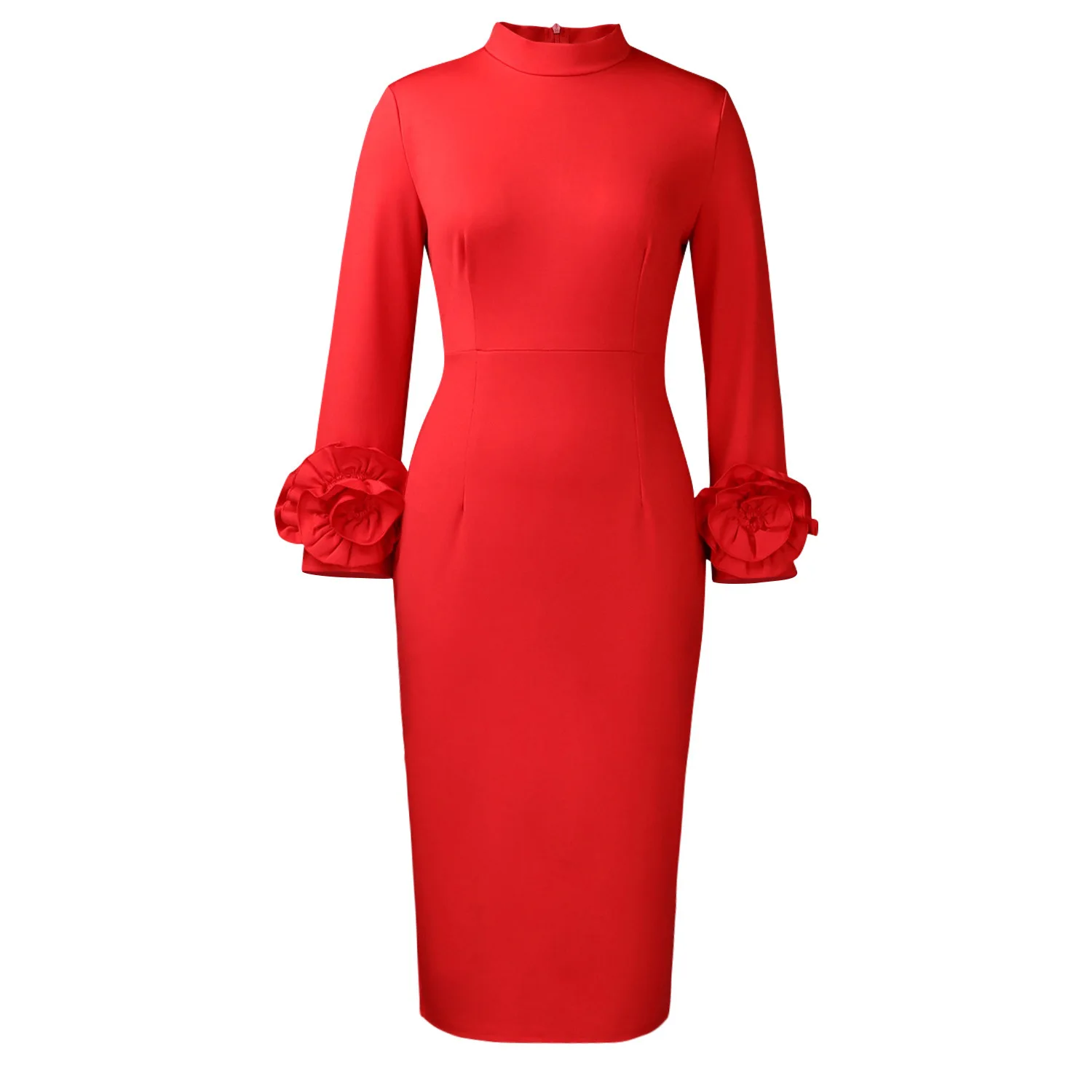 

Elegant 3D Flower Long Sleeve Dress Women Half High Collar Bodycon Slim Autumn Winter Formal Dinner Evening Christmas Party Gown