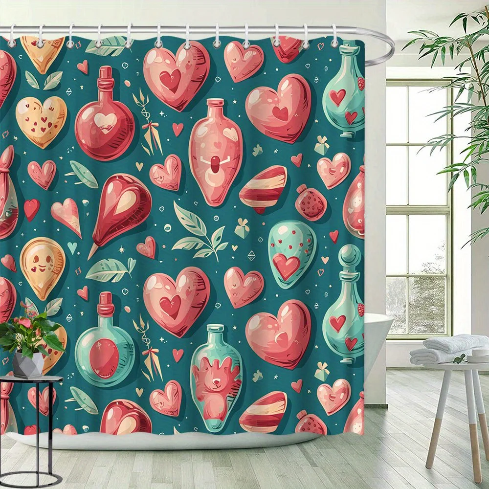 1pc Valentine'S Day Shower Curtain Love Heart And Bottle Creative Pattern Bathroom Decoration Polyester Fabric Contains  Hooks