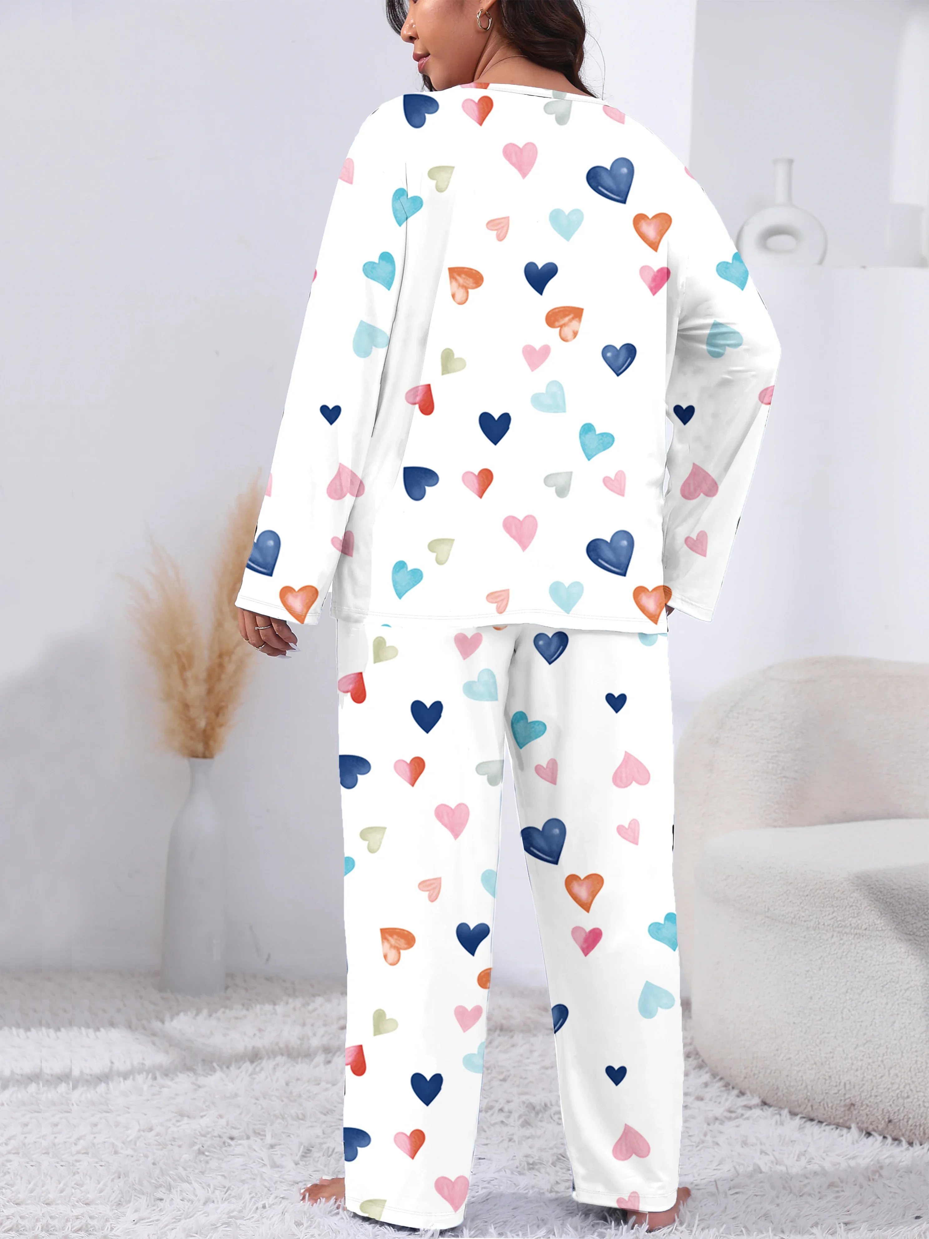 Conjunto de pijama feminino plus size de manga comprida e calças, 2 peças, camiseta e calças de manga comprida com estampa de coração, roupa de dormir elegante e confortável