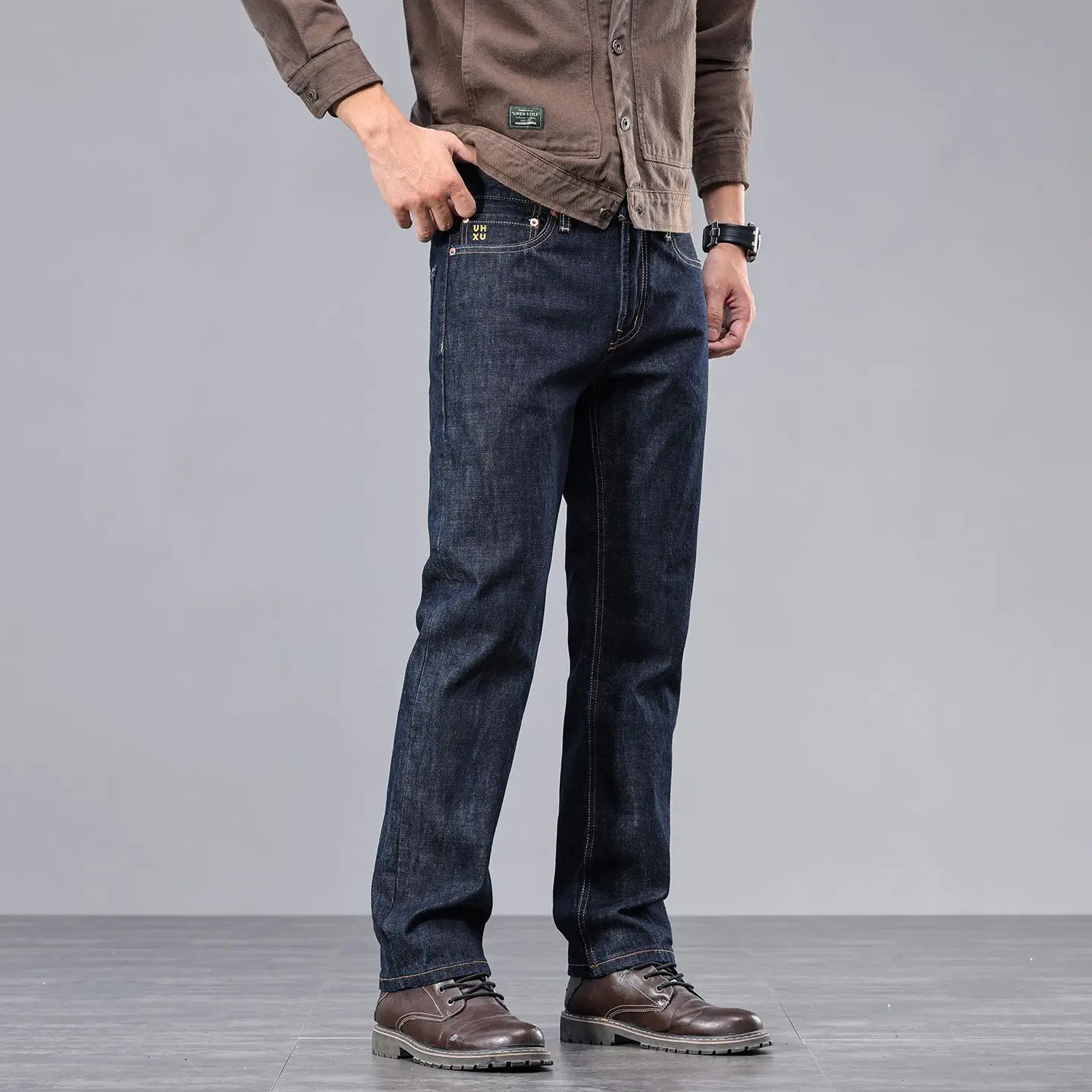 Autumn Men's Top-stitched Raw Color Denim Jeans | American Vintage Regular Straight-Leg | 100% Cotton Washed All-Purpose Pants